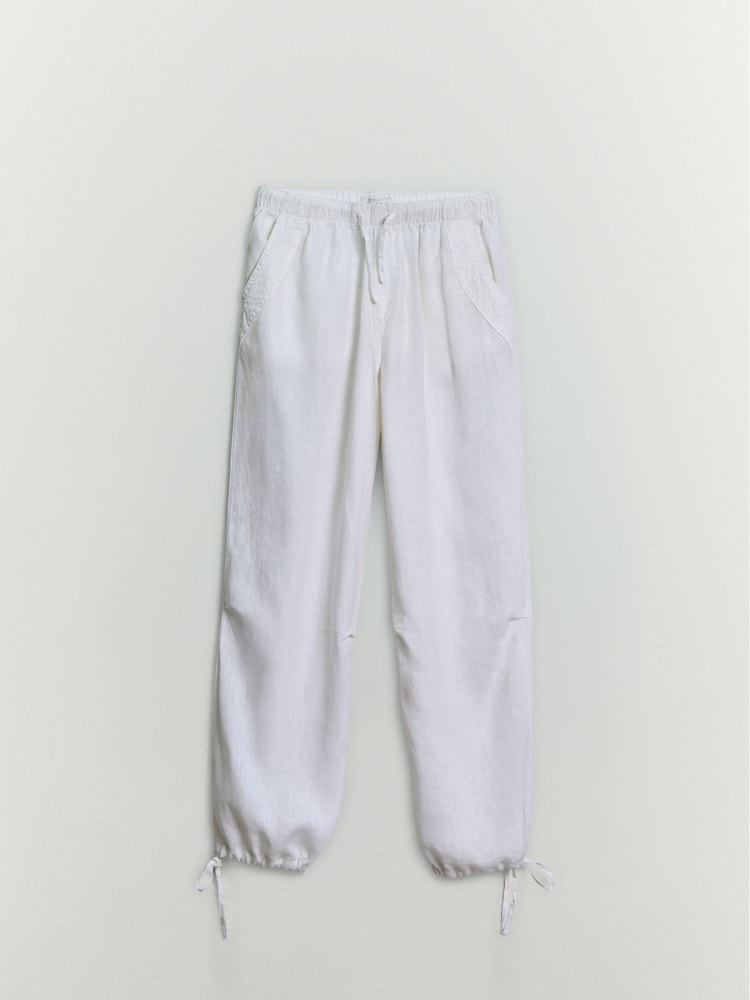 BHOEM Neutral Wide Leg 100% Linen Trousers With Tie Detail - Image 1 of 1