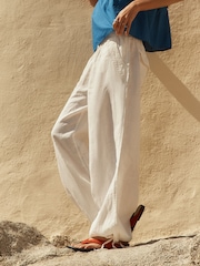 ניטרלי - BHOEM צבע ניטרלי מכנסיים בגזרה רחבה עם קשירה, %100 פשתן - תמונה 5 מתוך 6