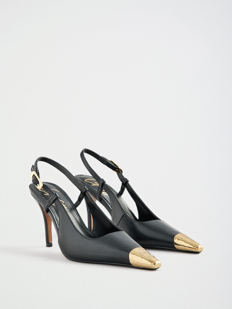 Lipsy Black Faux Leather Metal Toecap High Stiletto Heel Slingback Court Shoes - Image 1 of 7