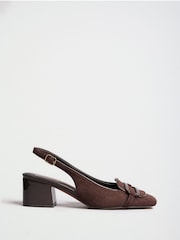 Lipsy Chocolate Brown Faux Suede Standard Fit Broach Trim Detail Square Toe Slingback Mid Block Heel Court Shoes - Image 3 of 7