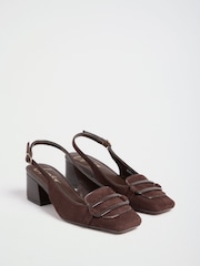 Lipsy Chocolate Brown Faux Suede Standard Fit Broach Trim Detail Square Toe Slingback Mid Block Heel Court Shoes - Image 4 of 7
