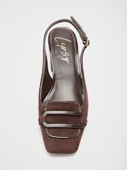 Lipsy Chocolate Brown Faux Suede Standard Fit Broach Trim Detail Square Toe Slingback Mid Block Heel Court Shoes - Image 6 of 7