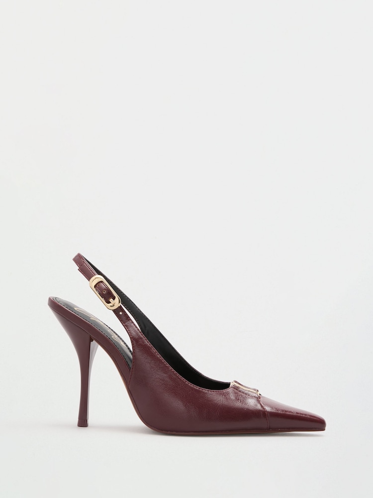 Lipsy Burgundy Red Faux Leather Standard Fit Hardware Trim Detail Slingback Stiletto High Heel Court Shoe - Image 1 of 6