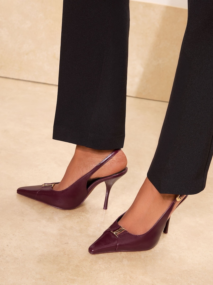 Lipsy Burgundy Red Faux Leather Standard Fit Hardware Trim Detail Slingback Stiletto High Heel Court Shoe - Image 2 of 6