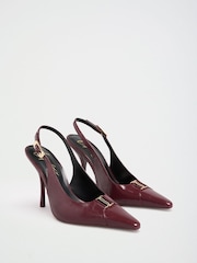 Lipsy Burgundy Red Faux Leather Standard Fit Hardware Trim Detail Slingback Stiletto High Heel Court Shoe - Image 4 of 6
