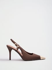 Lipsy Chocolate Brown Faux Leather Metal Toecap High Stiletto Heel Slingback Court Shoes - Image 3 of 7