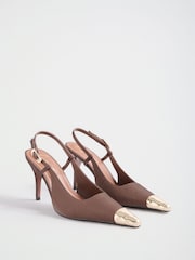 Lipsy Chocolate Brown Faux Leather Metal Toecap High Stiletto Heel Slingback Court Shoes - Image 4 of 7