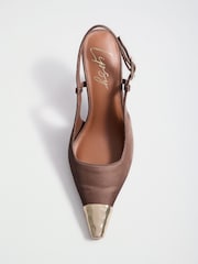 Lipsy Chocolate Brown Faux Leather Metal Toecap High Stiletto Heel Slingback Court Shoes - Image 5 of 7