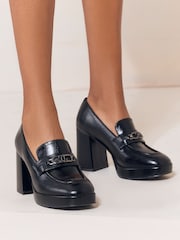 Lipsy Black Platfrom High Heeled Branded Trim Workwear Loafers - Image 1 of 2