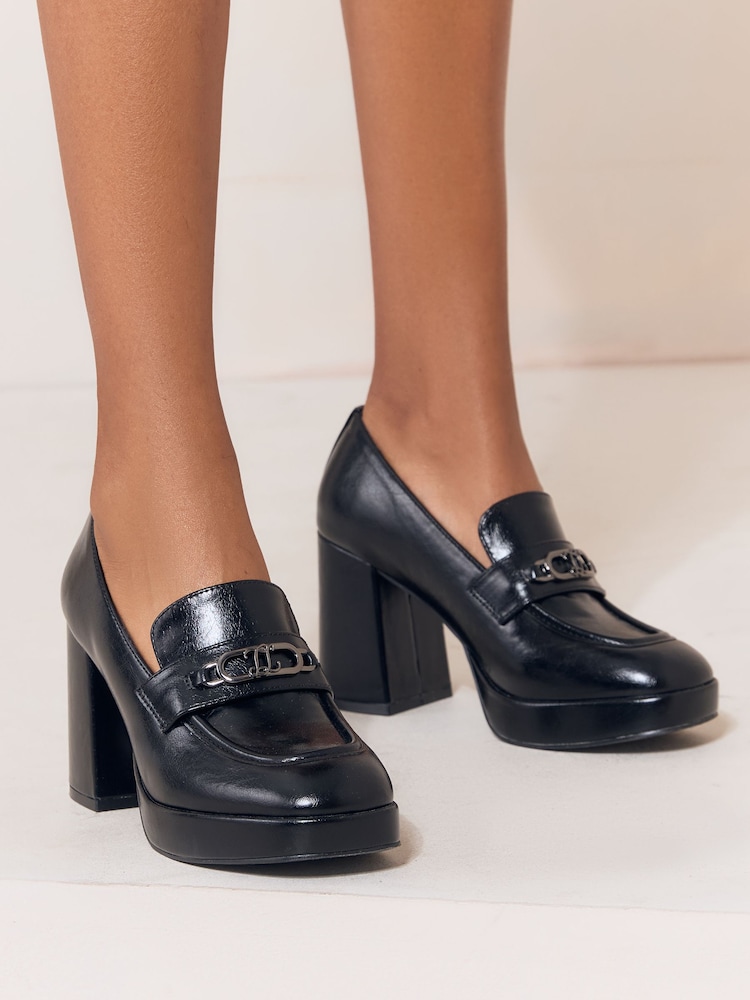 Lipsy Black Platfrom High Heeled Branded Trim Workwear Loafers - Image 1 of 2 Lipsy Black Platfrom High Heeled Branded Trim Workwear Loafers - Image 1 of 2