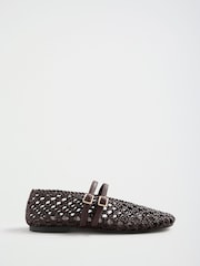 Шоколадно-коричневий - Lipsy Faux Leather Woven Double Strap Mary Jane Ballerinas - Image 7 of 7