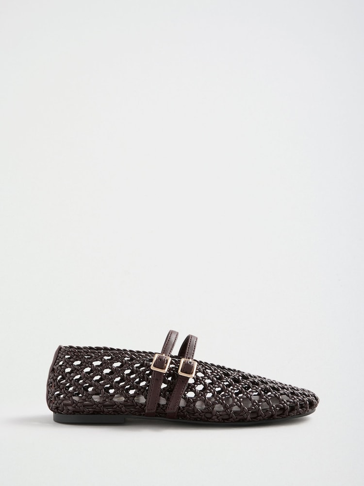 Шоколадно-коричневий - Lipsy Faux Leather Woven Double Strap Mary Jane Ballerinas - Image 7 of 7