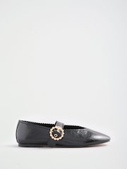 Lipsy Black Faux Leather Standard Fit Scallop Detail Slim Flat Mary Jane Ballerinas - Image 2 of 5