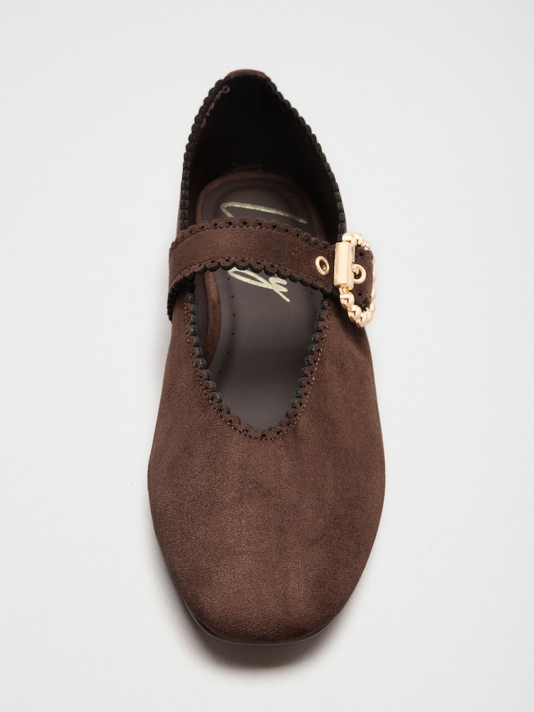 Lipsy Chocolate Brown Wide Fit Scallop Detail Slim Flat Mary Jane Ballerinas - Image 1 of 7