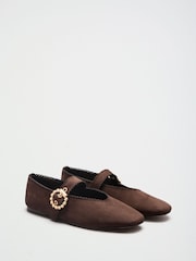 Lipsy Chocolate Brown Wide Fit Scallop Detail Slim Flat Mary Jane Ballerinas - Image 2 of 7
