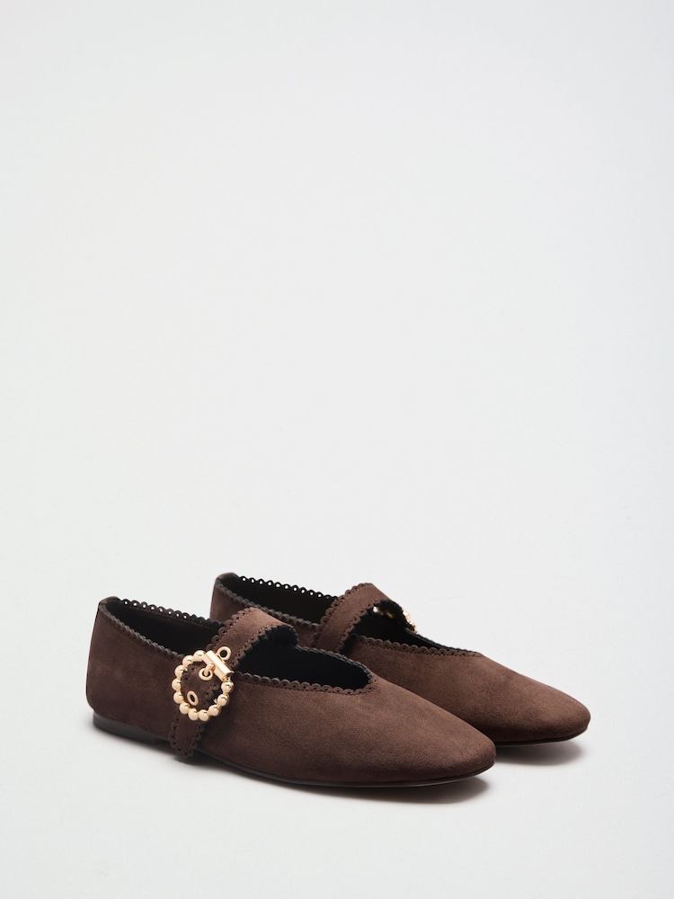Lipsy Chocolate Brown Wide Fit Scallop Detail Slim Flat Mary Jane Ballerinas - Image 2 of 7