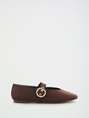 Lipsy Chocolate Brown Wide Fit Scallop Detail Slim Flat Mary Jane Ballerinas - Image 3 of 7