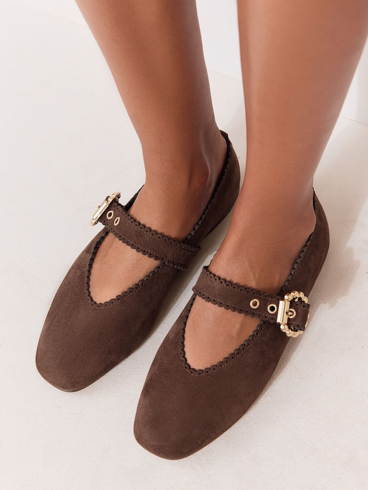 Lipsy Chocolate Brown Wide Fit Scallop Detail Slim Flat Mary Jane Ballerinas - Image 7 of 7