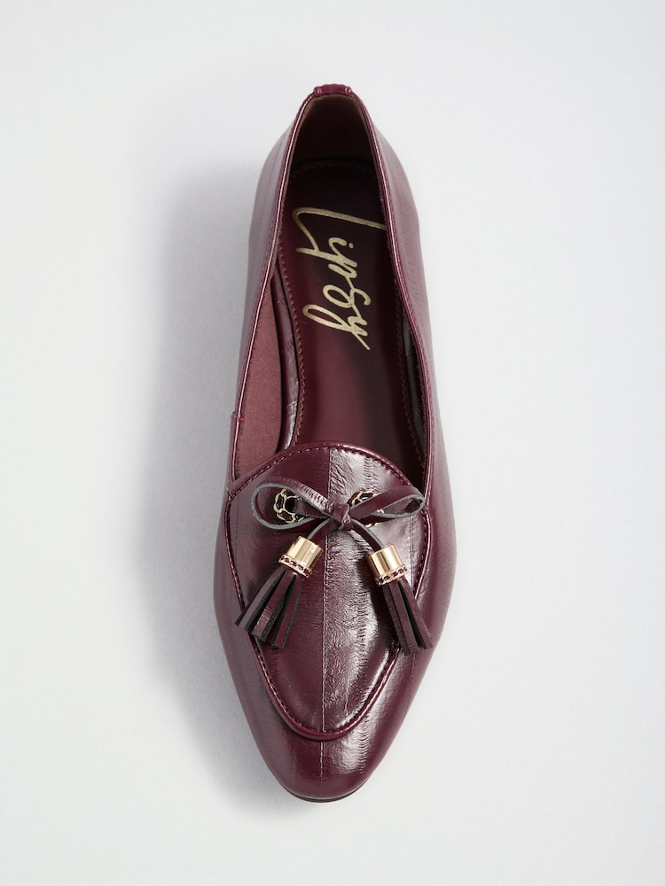 Lipsy Burgundy Red Faux Leather Tassel Bow Hardware Trim Slipper Loafers - Image 1 of 5 Lipsy Burgundy Red Faux Leather Tassel Bow Hardware Trim Slipper Loafers - Image 1 of 5