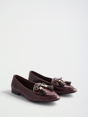 Lipsy Burgundy Red Faux Leather Tassel Bow Hardware Trim Slipper Loafers - Image 2 of 5