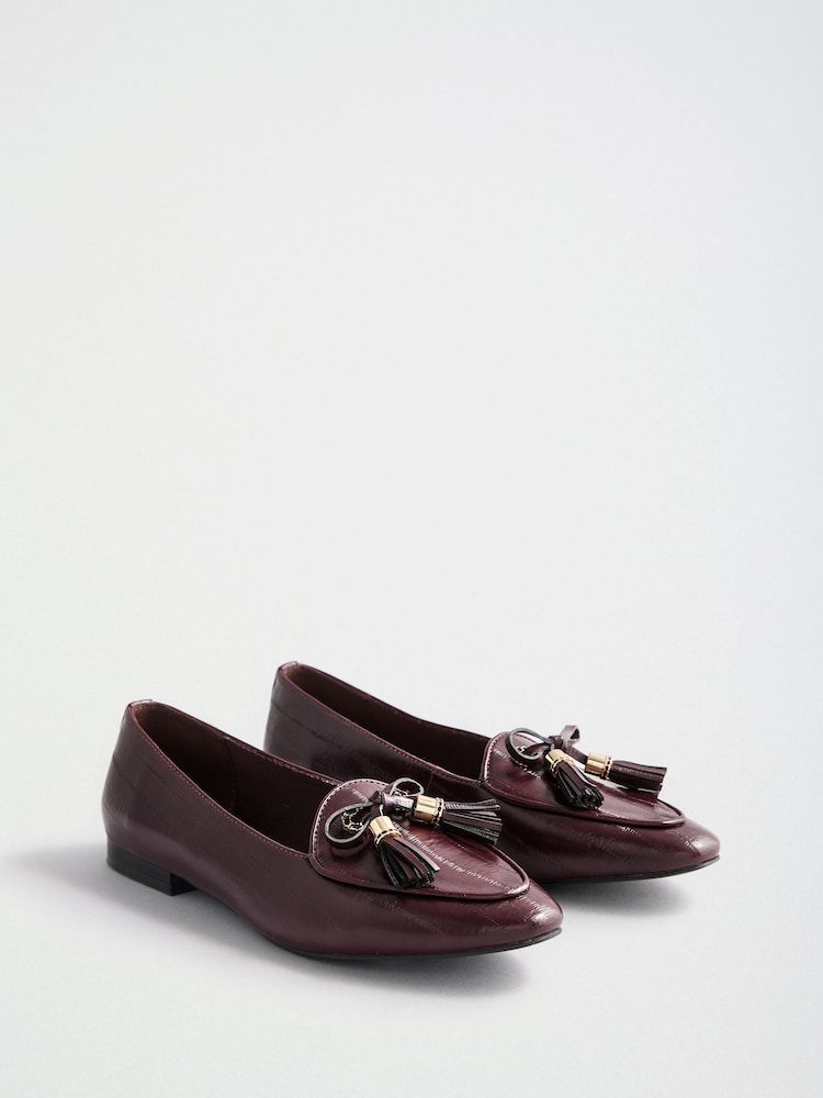 Lipsy Burgundy Red Faux Leather Tassel Bow Hardware Trim Slipper Loafers - Image 2 of 5 Lipsy Burgundy Red Faux Leather Tassel Bow Hardware Trim Slipper Loafers - Image 2 of 5