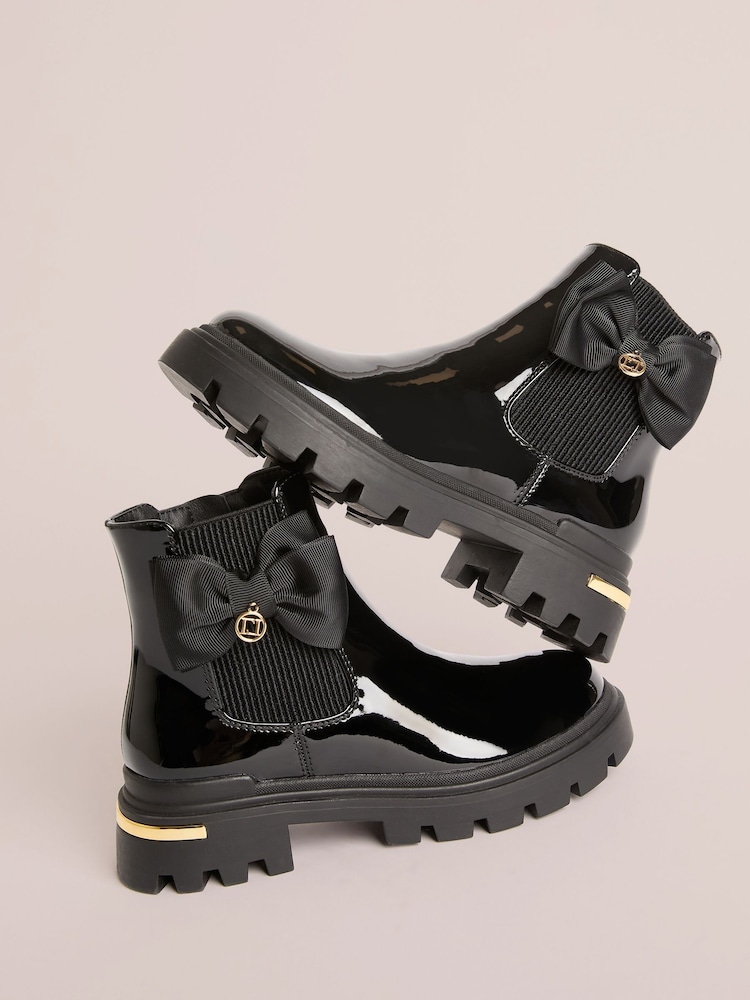 Lipsy Black Red Patent Faux Leather Bow Elasticated Heel Clip Ankle Chelsea Boots - Image 1 of 5 Lipsy Black Red Patent Faux Leather Bow Elasticated Heel Clip Ankle Chelsea Boots - Image 1 of 5
