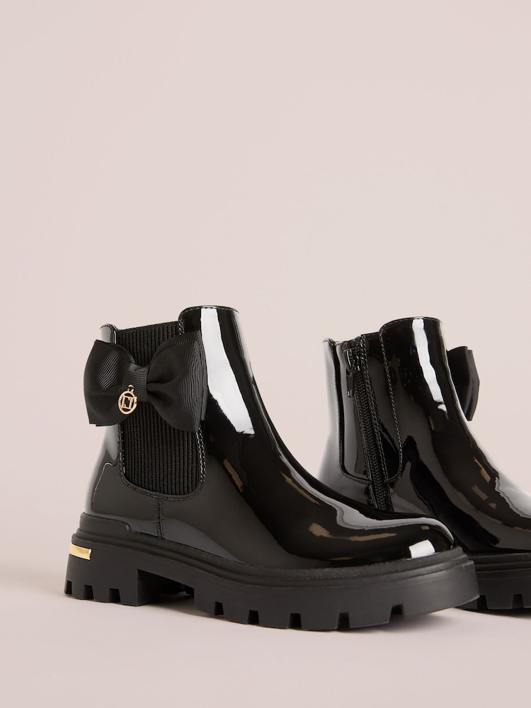 Lipsy Black Red Patent Faux Leather Bow Elasticated Heel Clip Ankle Chelsea Boots - Image 2 of 5 Lipsy Black Red Patent Faux Leather Bow Elasticated Heel Clip Ankle Chelsea Boots - Image 2 of 5