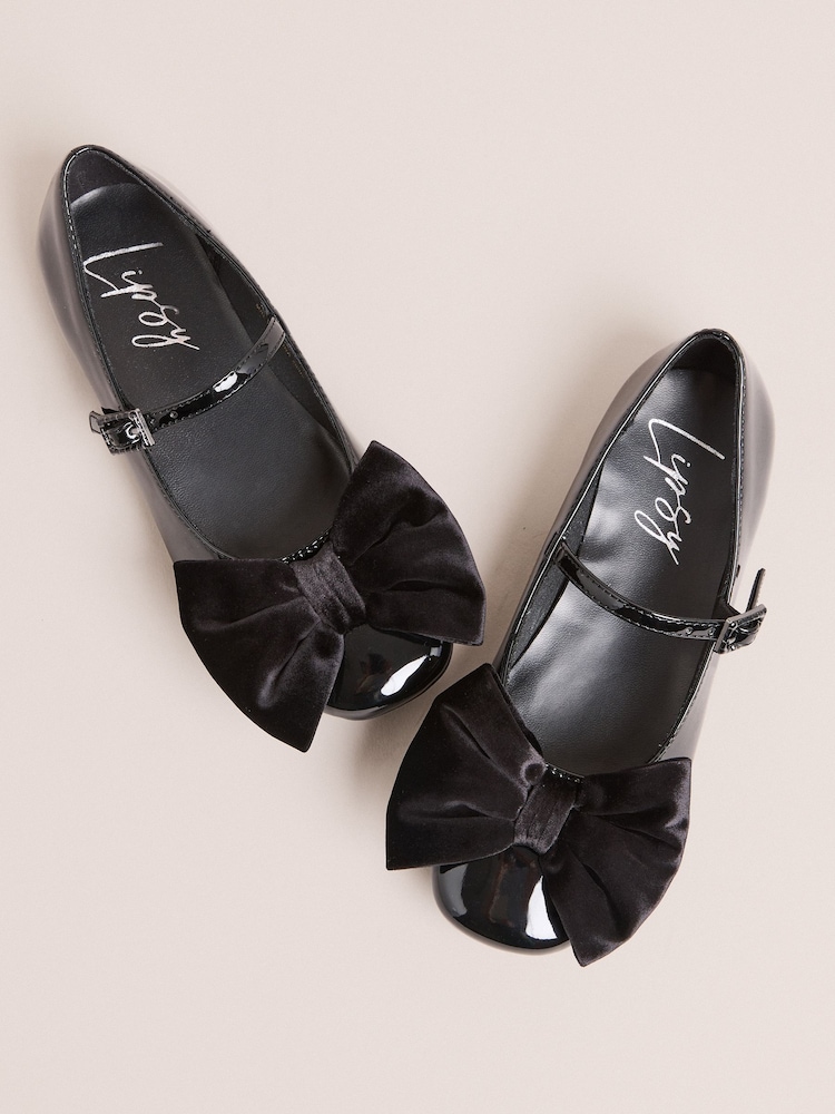 Lipsy Black Patent Faux Leather Velvet Bow Detail Ballerina - Image 1 of 5