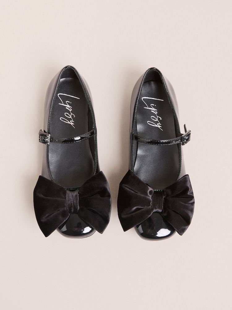 Lipsy Black Patent Faux Leather Velvet Bow Detail Ballerina - Image 2 of 5