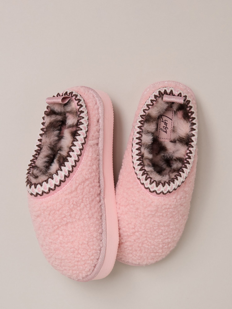 Lipsy Pink Embroidered Tape Faux Fur Lined Borg Platform Slipper Mules - Image 1 of 4 Lipsy Pink Embroidered Tape Faux Fur Lined Borg Platform Slipper Mules - Image 1 of 4