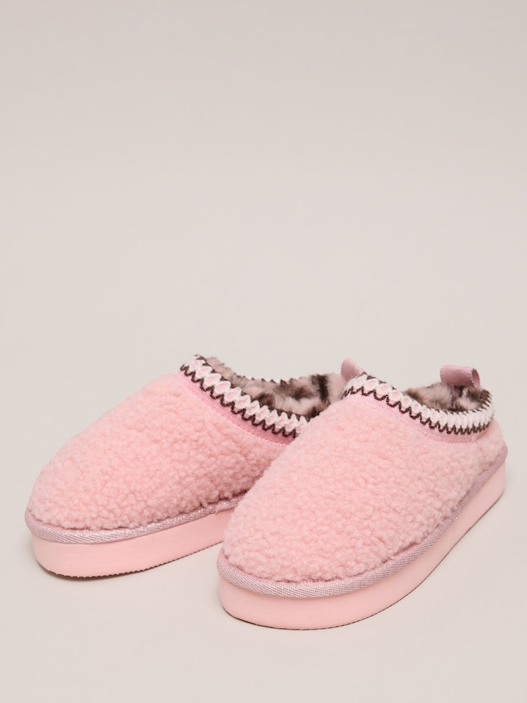 Lipsy Pink Embroidered Tape Faux Fur Lined Borg Platform Slipper Mules - Image 2 of 4 Lipsy Pink Embroidered Tape Faux Fur Lined Borg Platform Slipper Mules - Image 2 of 4