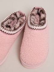 Lipsy Pink Embroidered Tape Faux Fur Lined Borg Platform Slipper Mules - Image 3 of 4
