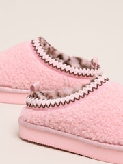 Lipsy Pink Embroidered Tape Faux Fur Lined Borg Platform Slipper Mules - Image 4 of 4