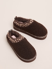 Lipsy Chocolate Brown Embroidered Tape Faux Fur Lined Borg Platform Slipper Mules - Image 1 of 4