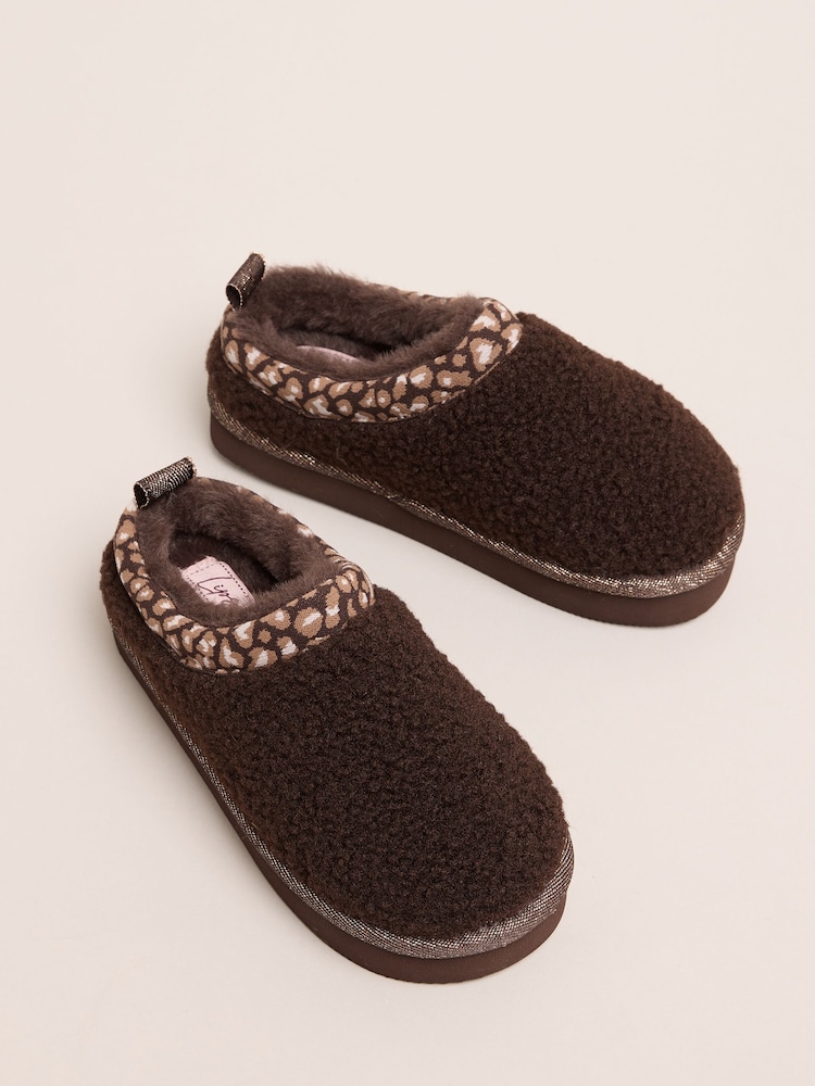 Lipsy Chocolate Brown Embroidered Tape Faux Fur Lined Borg Platform Slipper Mules - Image 1 of 4