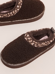 Lipsy Chocolate Brown Embroidered Tape Faux Fur Lined Borg Platform Slipper Mules - Image 2 of 4