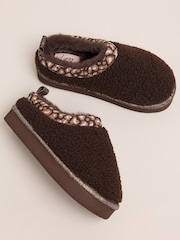 Lipsy Chocolate Brown Embroidered Tape Faux Fur Lined Borg Platform Slipper Mules - Image 3 of 4