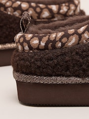 Lipsy Chocolate Brown Embroidered Tape Faux Fur Lined Borg Platform Slipper Mules - Image 4 of 4