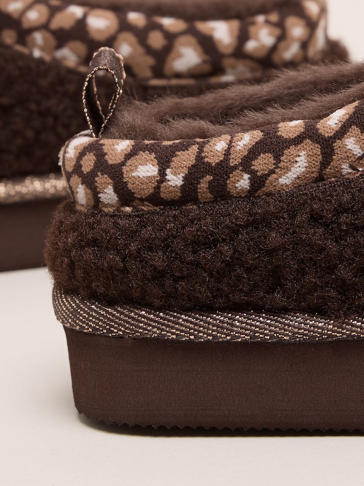 Lipsy Chocolate Brown Embroidered Tape Faux Fur Lined Borg Platform Slipper Mules - Image 4 of 4