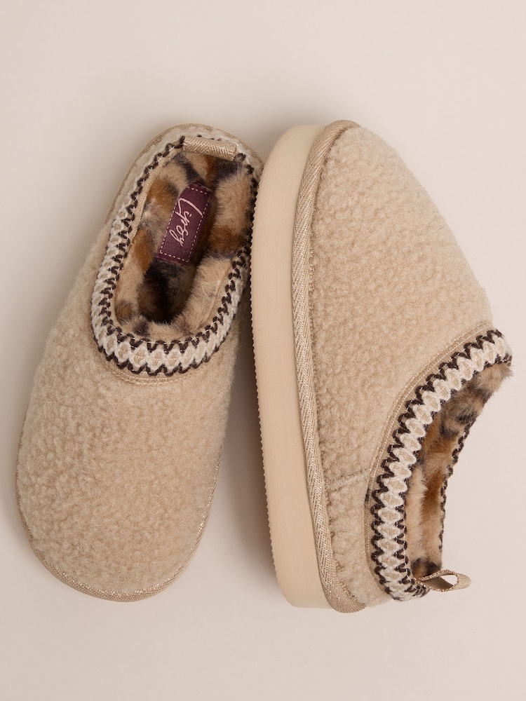 Lipsy Natural Embroidered Tape Faux Fur Lined Borg Platform Slipper Mules - Image 1 of 4 Lipsy Natural Embroidered Tape Faux Fur Lined Borg Platform Slipper Mules - Image 1 of 4