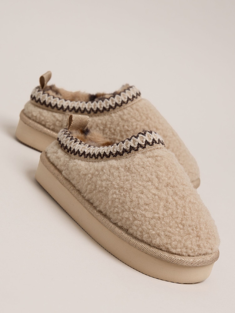 Lipsy Natural Embroidered Tape Faux Fur Lined Borg Platform Slipper Mules - Image 2 of 4 Lipsy Natural Embroidered Tape Faux Fur Lined Borg Platform Slipper Mules - Image 2 of 4