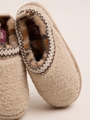 Lipsy Natural Embroidered Tape Faux Fur Lined Borg Platform Slipper Mules - Image 3 of 4