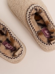 Lipsy Natural Embroidered Tape Faux Fur Lined Borg Platform Slipper Mules - Image 4 of 4