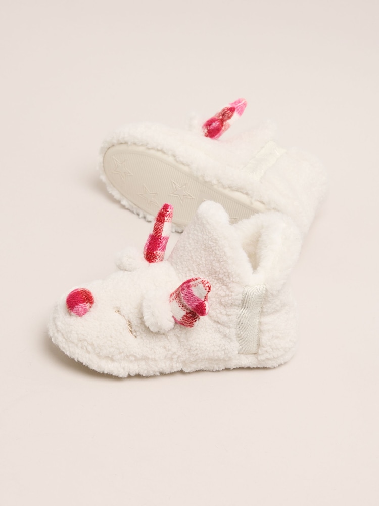 Lipsy Cream Soft Faux Borg Cream Reindeer Slipper Ankle Boots - Image 2 of 4
