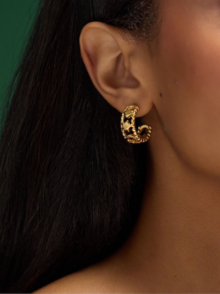 Accessorize Gold Stainless Steel Celestial Cut-Out Hoop Earrings - Image 2 of 2 Accessorize Gold Stainless Steel Celestial Cut-Out Hoop Earrings - Image 2 of 2