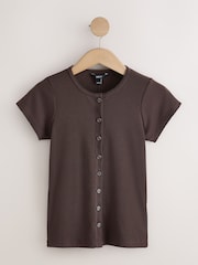 Chocolate Brown Short Sleeved Crew Neck Button Through Top - Image 1 of 2