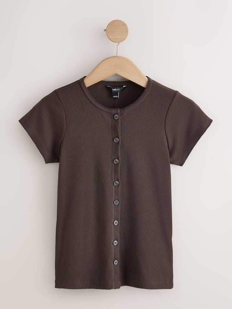 Chocolate Brown Short Sleeved Crew Neck Button Through Top - Image 1 of 2