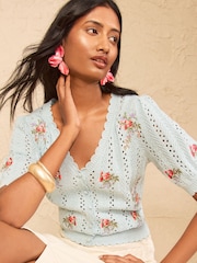 Love & Roses Pale Blue Scallop Detail Floral Embroidered Knitted V-Neck Top - Image 1 of 4