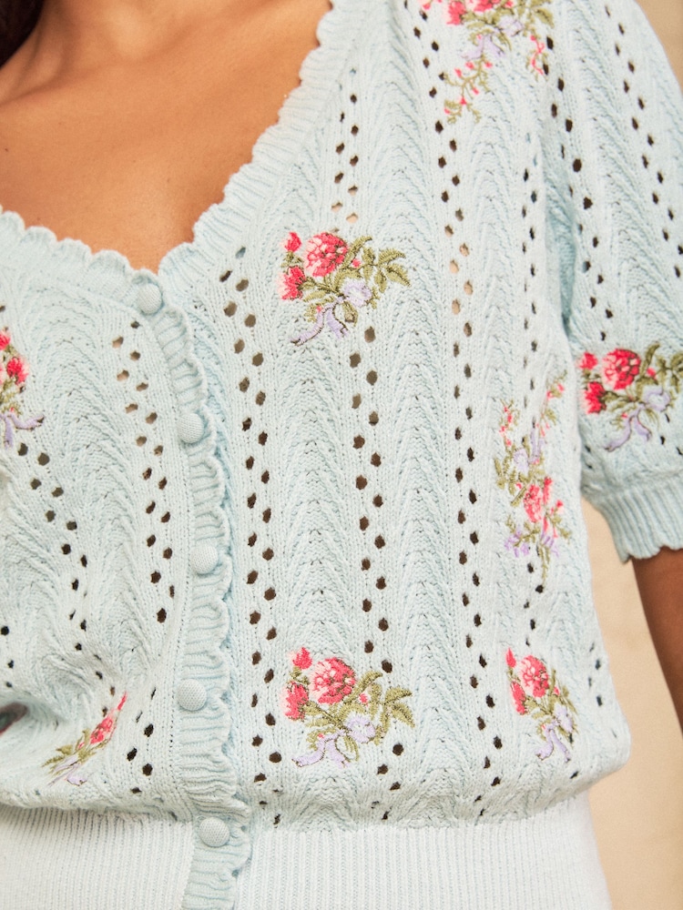 Love & Roses Pale Blue Scallop Detail Floral Embroidered Knitted V-Neck Top - Image 2 of 4