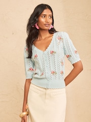 Love & Roses Pale Blue Scallop Detail Floral Embroidered Knitted V-Neck Top - Image 4 of 4
